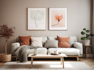 Scandinavian scandi modern minimalist cozy living room interior with fall decor. Neutral walls and couch with terracotta and pastel accents