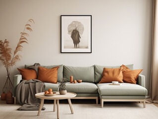 Scandinavian scandi modern minimalist cozy living room interior with fall decor. Neutral walls and couch with orange pillows