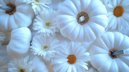 The arrangement showcases white pumpkins interspersed with cheerful white flowers, creating a seasonal feel with high detail and clarity, perfect for autumn décor