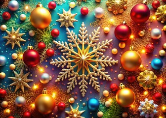 Experience the magic of the holidays with a vibrant Christmas and New Year scene, featuring shimmering snowflakes, colorful ornaments, and charming decorations spreading seasonal joy and love.