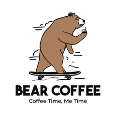 hand drawn retro bear skateboard drinking coffee cartoon character illustration