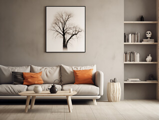 Scandinavian scandi modern minimalist cozy living room interior with fall decor. Neutral walls and couch with orange pillows