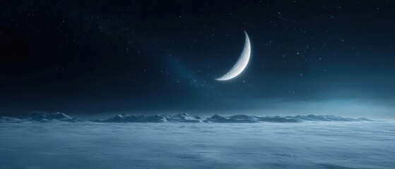 Fototapeta premium A serene night sky featuring a crescent moon above a tranquil landscape, evoking peace and wonder.