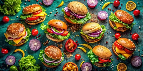 Aerial View of Colorful Burger Clip Art for Food Illustrations and Designs