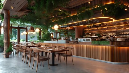 Fototapeta premium Rustic restaurant architecture and cafe made of wood Generative IA