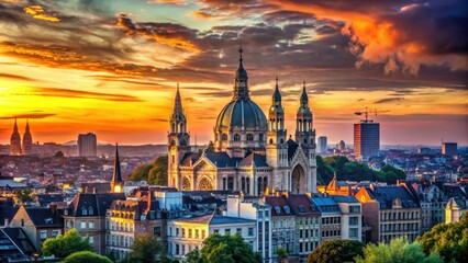 Obraz premium Experience the striking beauty of Brusselsâ€™ Basilica of the Sacred Heart, set against a picturesque city skyline that complements its impressive architecture and historical significance.