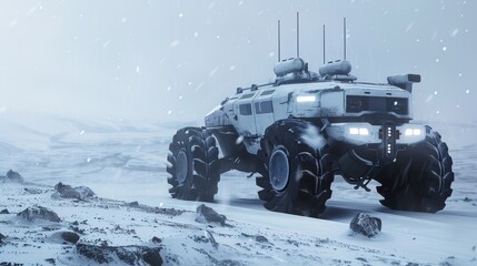Futuristic Military Autonomous Vehicle Navigating Snowy Icy Landscape in Extreme Winter Conditions