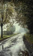 Obraz premium Rainy forest road with trees on each side.