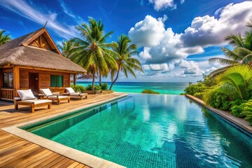 Fototapeta premium Experience the ultimate luxury in a beachfront villa, featuring a stunning swimming pool and breathtaking lagoon views in a serene tropical summer resort.