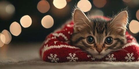 Adorable kitten in a cozy red sweater with white snowflakes, resting peacefully among soft lights.