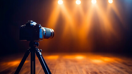 Camera on tripod under stage lights, capturing the perfect moment. Professional photography setup in a dimly lit environment.