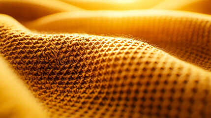 Close-up of golden textured fabric with a warm glow, highlighting intricate patterns and folds,...