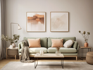 Scandinavian scandi modern minimalist cozy living room interior with fall decor. Neutral walls and couch with orange pillows