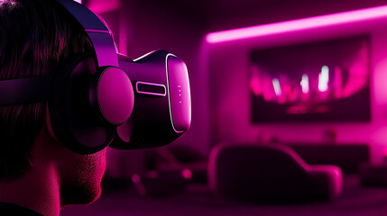 Person wearing VR headset in a neon-lit room with futuristic ambiance, experiencing virtual reality immersion.