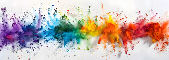 Obraz premium An explosion of bright rainbow colors on white, isolated in a wide panorama with holi paint color powder in the background