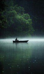 Fototapeta premium A solitary fisherman in a boat on a rainy lake.