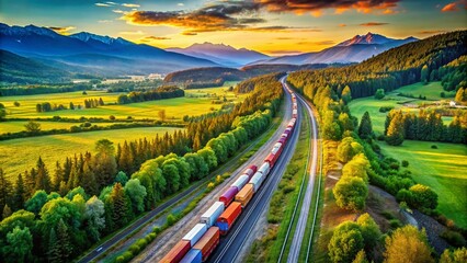 Fototapeta premium Aerial View of Railroad Along Highway with Passing Train - Scenic Drone Photography