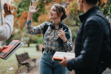 A group of students gather outside during autumn. They are smiling, holding books, and sharing a high five in a park setting.