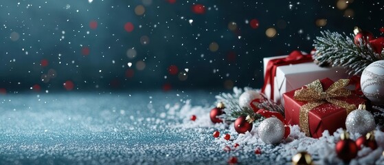Christmas gifts with festive decorations, sparkling lights, and snowflakes for a magical holiday atmosphere.