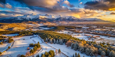 Aerial View of Sierra de Guadarrama Mountains in Winter with Madrid Skyline