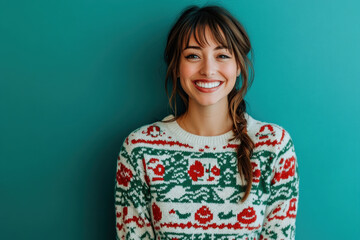 Fototapeta premium Woman wearing a Christmas sweater, smiling next to a beautifully decorated tree with colorful ornaments and twinkling lights shining in the background.