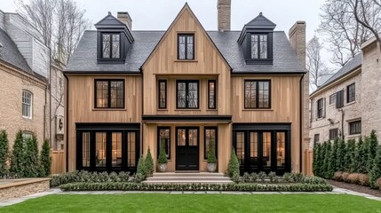 Fototapeta premium This charming modern rustic house features wood accents, black windows, and a stone chimney, nestled amidst lush trees and a vibrant green lawn