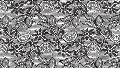 Lace fabric pattern with floral and leaf elements forming a wavy rhythm composition