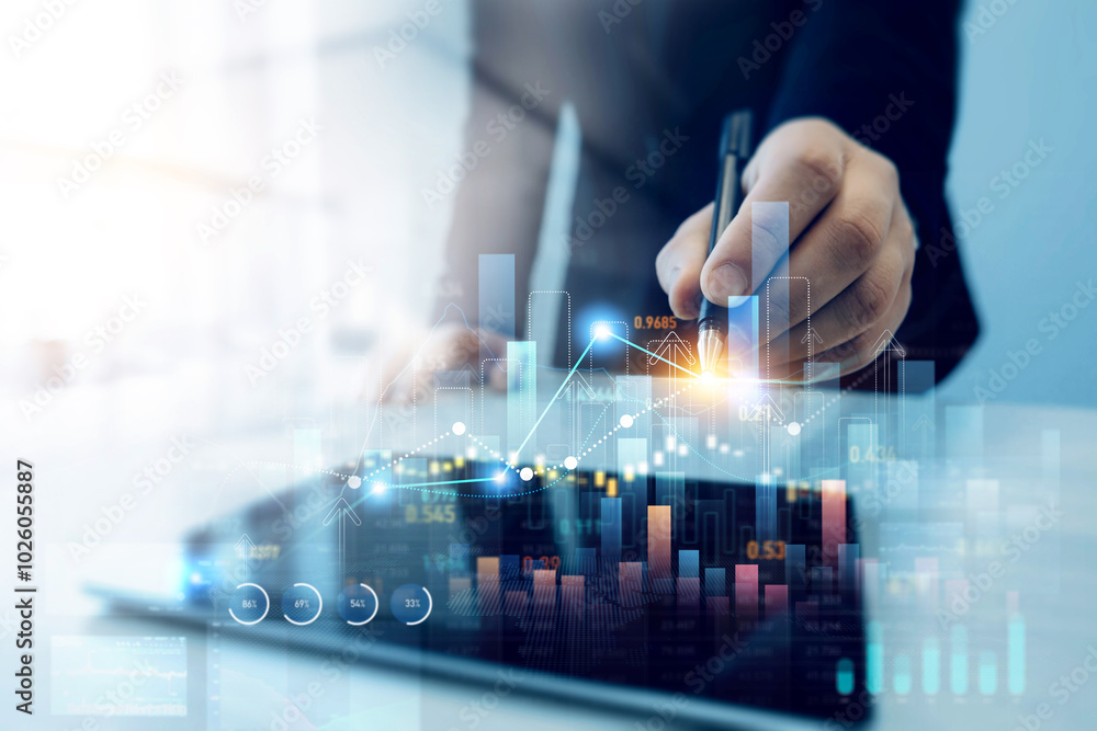 Aufkleber Business growth graph chart. Businessman using tablet analyzing sales data and financial report.Financial marketing graph grow chart. Arrow up with graph corporate future growth plan