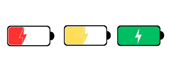 Battery Charging Cycle: From Low to Full Charge, Minimalist Vector Illustration on White Background.
