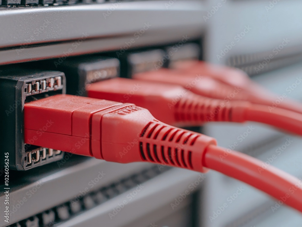 Aufkleber image of red ethernet cables connected to a network switch, highlighting connectivity in data commun
