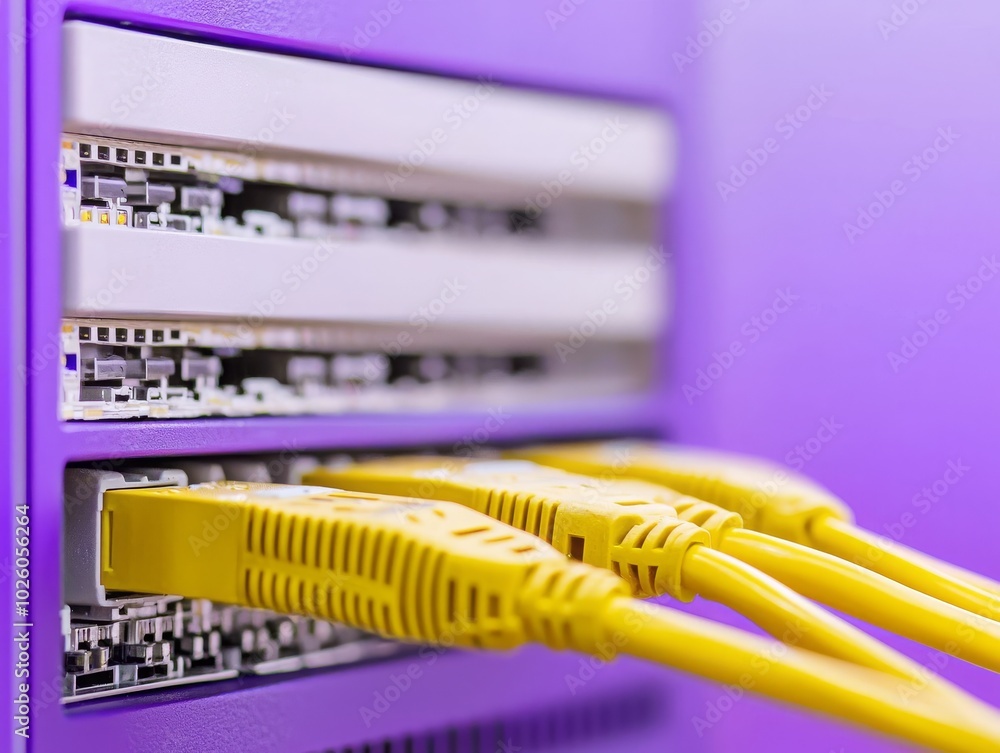 Poster close-up of yellow ethernet cables connected to a purple networking device, showcasing modern techno