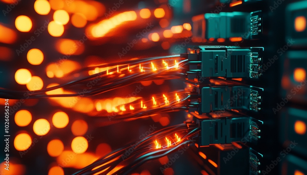 Poster a close-up of illuminated server cables, showcasing vibrant light patterns, highlighting network con