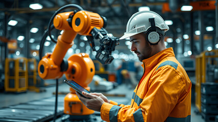 A man in a yellow jacket is working on a robot in a factory