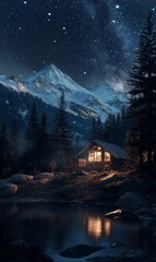 Fototapeta premium Cabin by a lake with a starry sky.