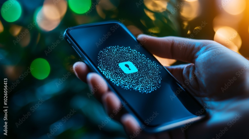 Poster a person holds a smartphone displaying a digital security icon, surrounded by colorful bokeh lights,