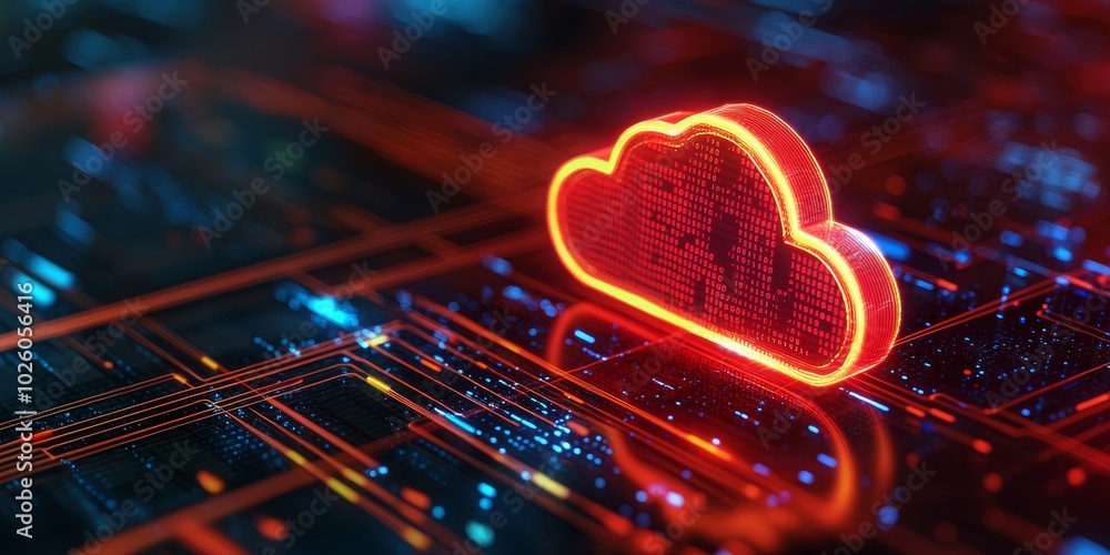 Poster a glowing red cloud symbol on a dark circuit board background, representing cloud computing technolo