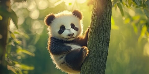 A playful panda cub climbs a tree surrounded by lush greenery. The image captures the innocence and charm of wildlife in a natural setting. Ideal for articles on nature. AI