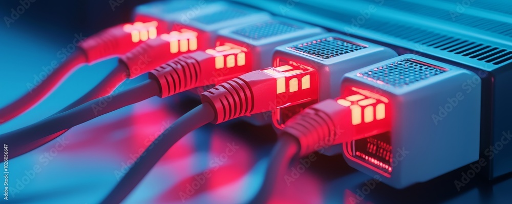 Poster a close-up of network cables connected to a device, illuminated by red lights, suggesting connectivi