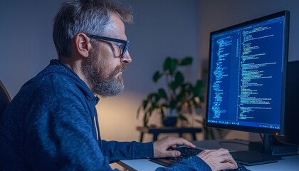 A focused programmer working late at night, coding on a computer with blue screen interfaces and a plant in the background.