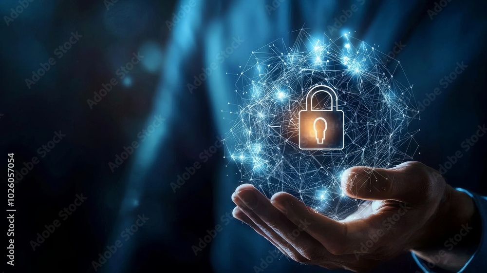 Aufkleber a glowing lock symbol within a network of digital particles, held in a person's hand, representing s