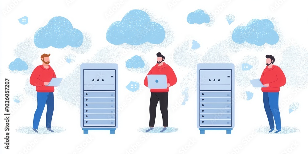 Aufkleber **description:** three people in red jackets interact with servers, symbolizing technology, data man