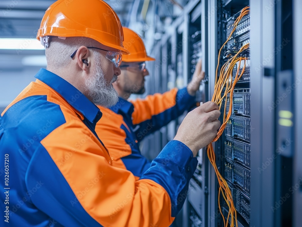 Aufkleber technicians in orange uniforms and hard hats work on a network server, managing cables and ensuring 