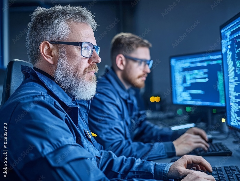 Poster two individuals work intently at computers in a tech environment, showcasing collaboration and focus