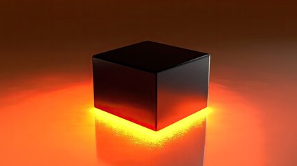 A black cube with glowing orange light underneath, on a dark background.