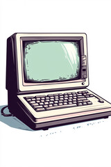 A vectorized illustration of a retro computer from the 90s, displayed in a colorful and vibrant style. The bold background contrasts with the vintage computer design, merging nostalgic technology with