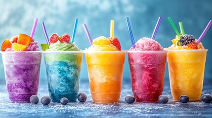 Panoramic still life of ice cream slush frozen colorful frozen fruit