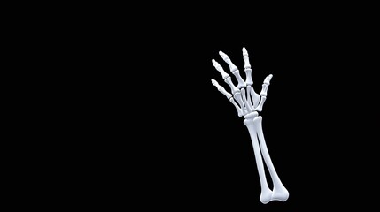 Skeletal hand reaching out on black background, minimalistic and eerie design, perfect for Halloween, spooky themes, or medical content, with copyspace for text and a dark atmosphere.

