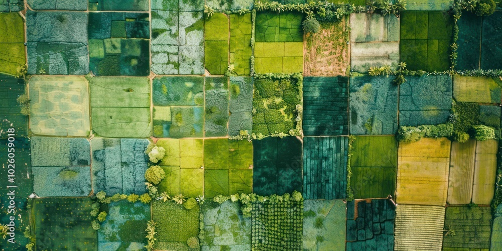 Poster drone view of agricultural fields patterned like a patchwork quilt.