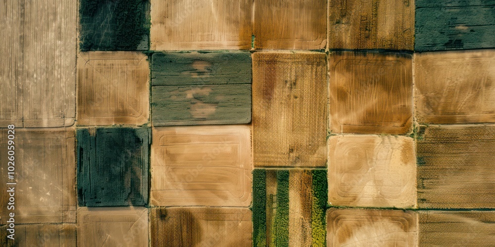 Poster drone view of agricultural fields patterned like a patchwork quilt.