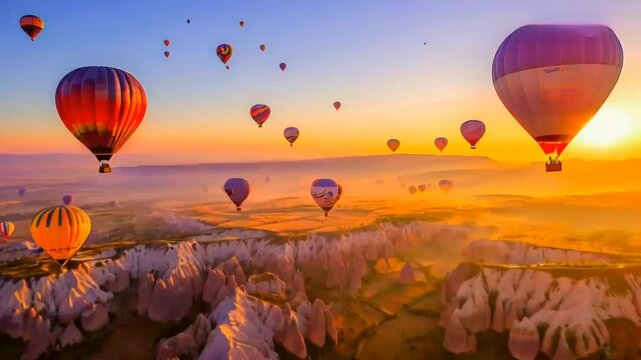 A breathtaking sunrise over a landscape with a cluster of hot air balloons floating in the sky.
